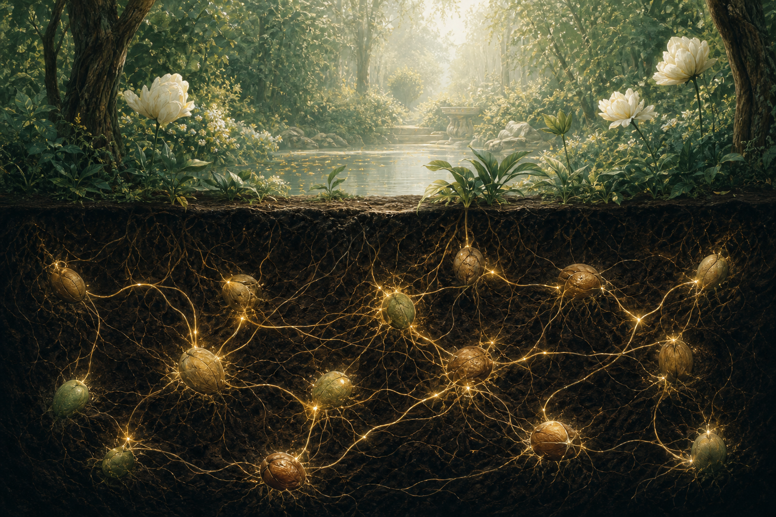 A cross-section of soil showing a dense, glowing network of roots connecting many seeds beneath the surface.