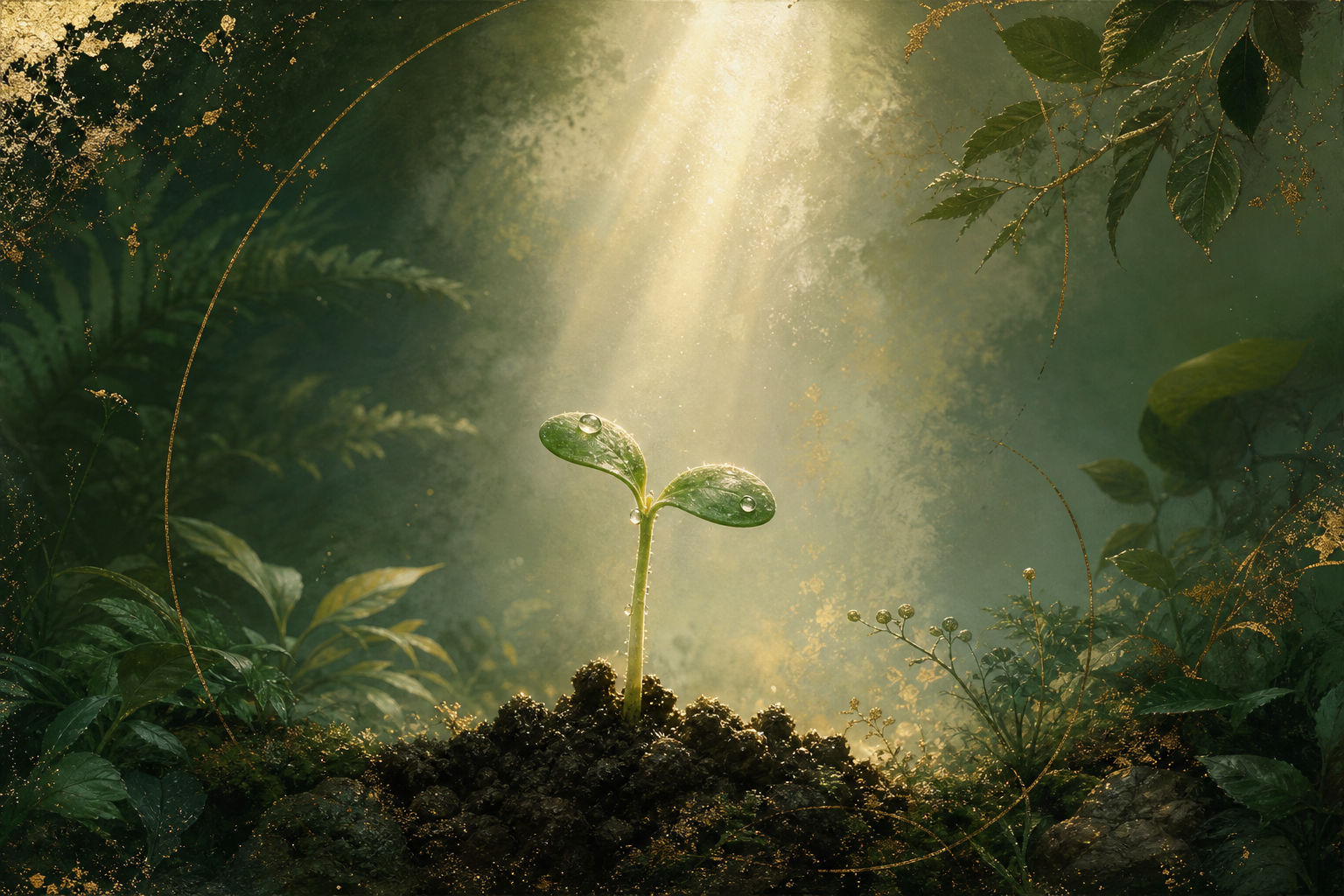 A single green sprout with two tender cotyledon leaves breaking through dark soil into a shaft of morning light.