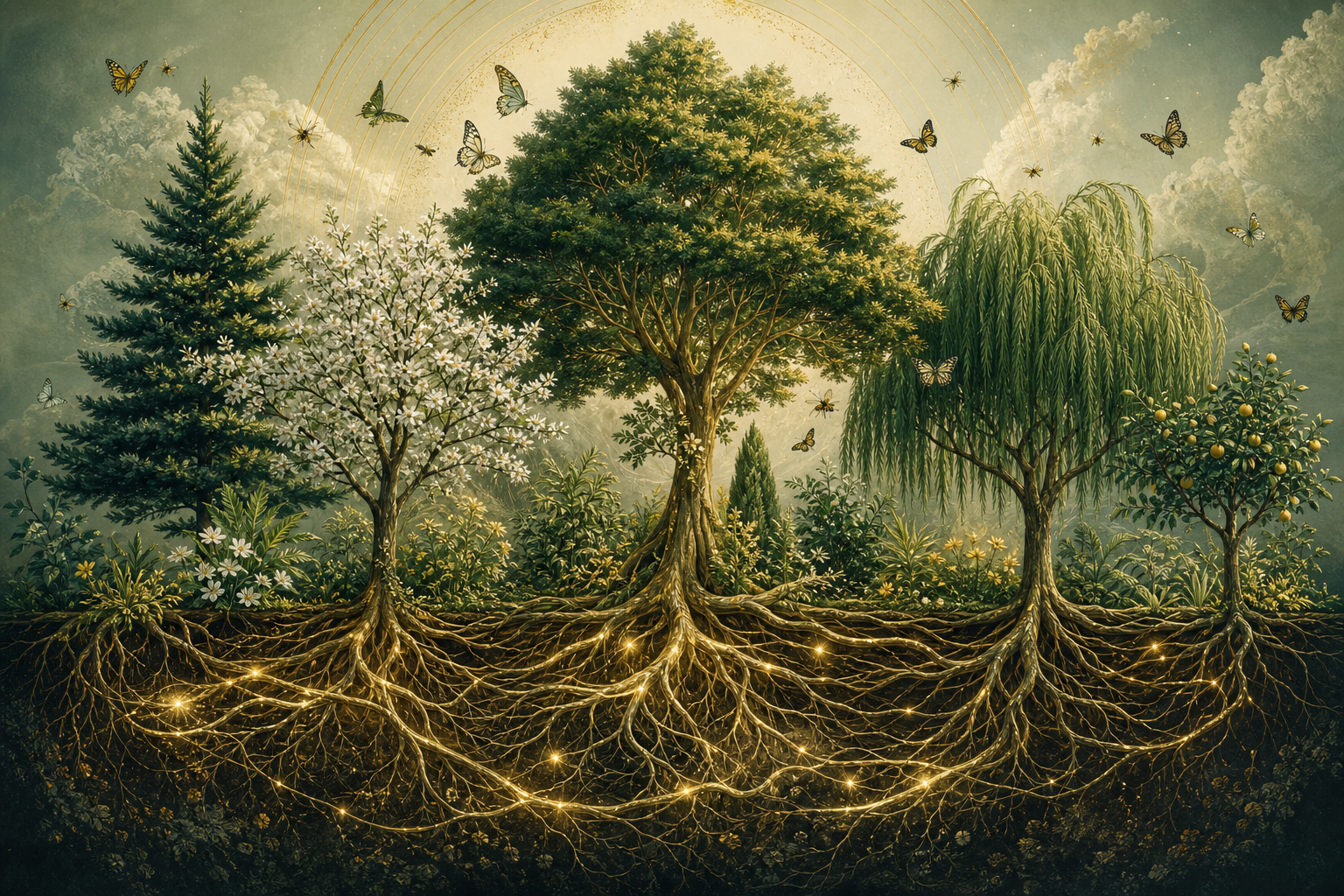 Several different trees sharing one plot of soil, roots intertwined beneath the ground, pollinators moving between them.