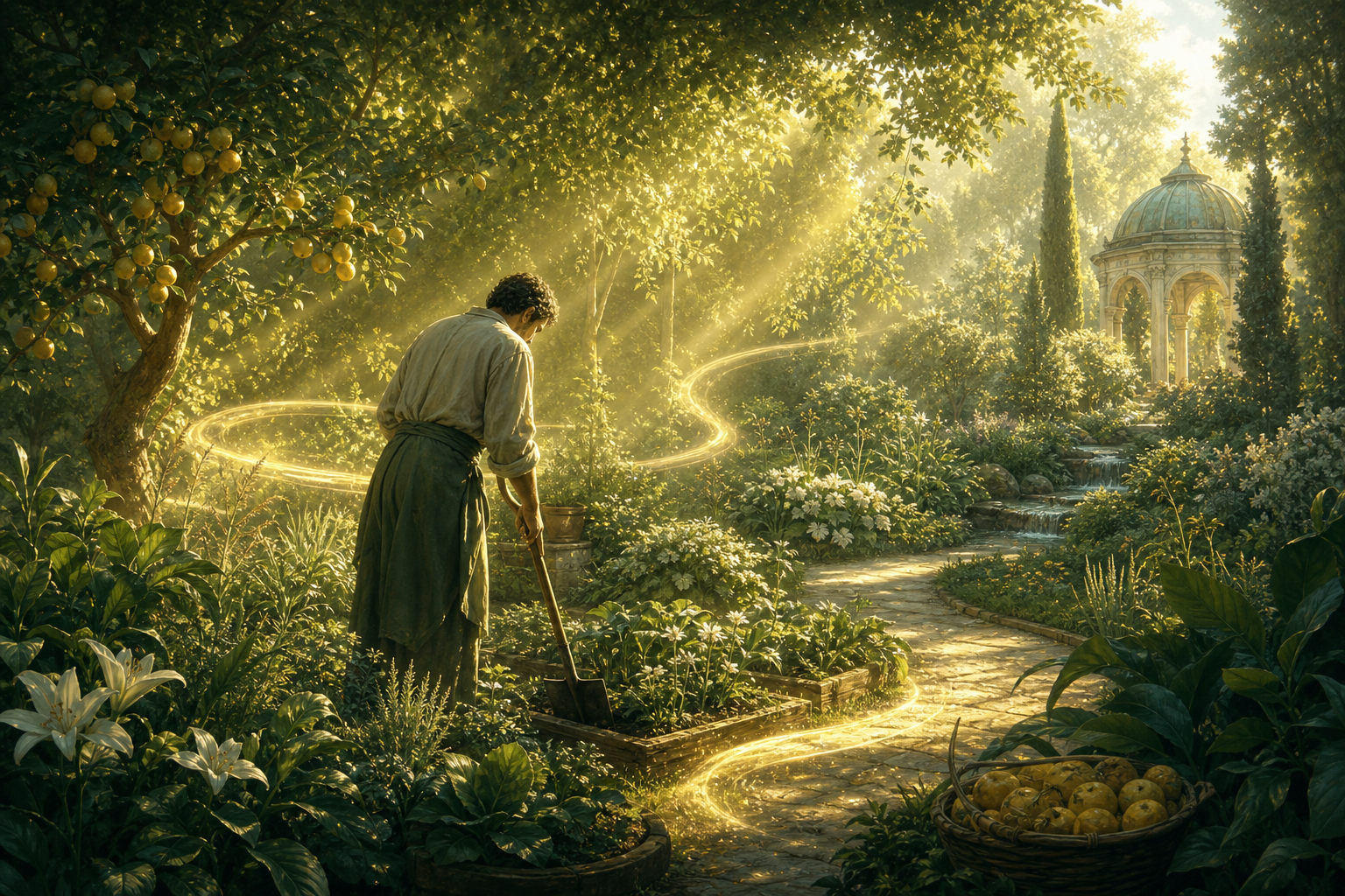 Warm shafts of light moving between the trees of a garden at dawn, with a human gardener tending the beds while the light reveals hidden paths.