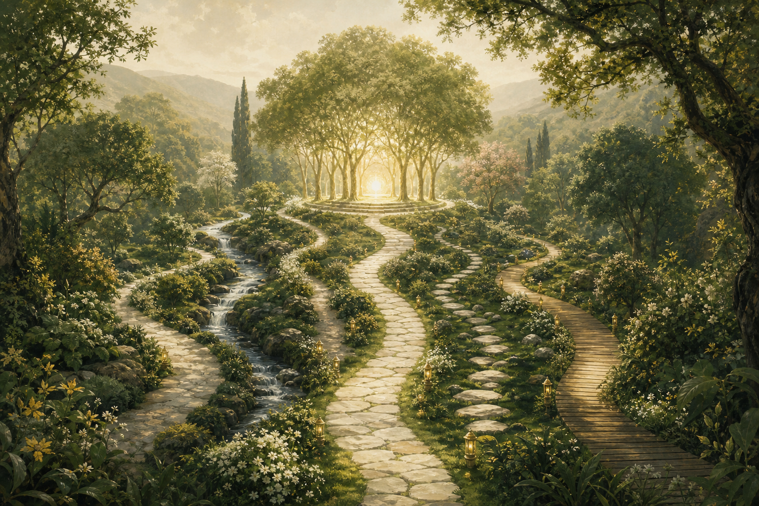 A single garden crossed by several winding paths of different lengths, each leading to the same grove at its heart.
