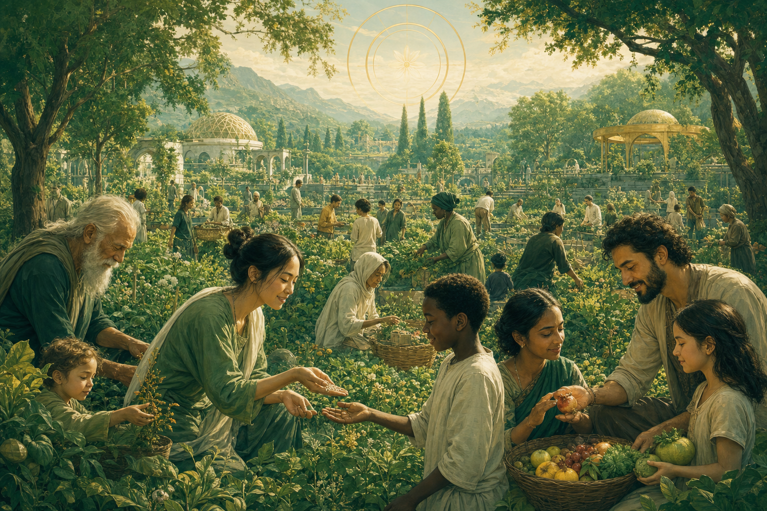 A large communal garden tended by many people of different backgrounds, sharing tools, seeds, and harvest across open plots.