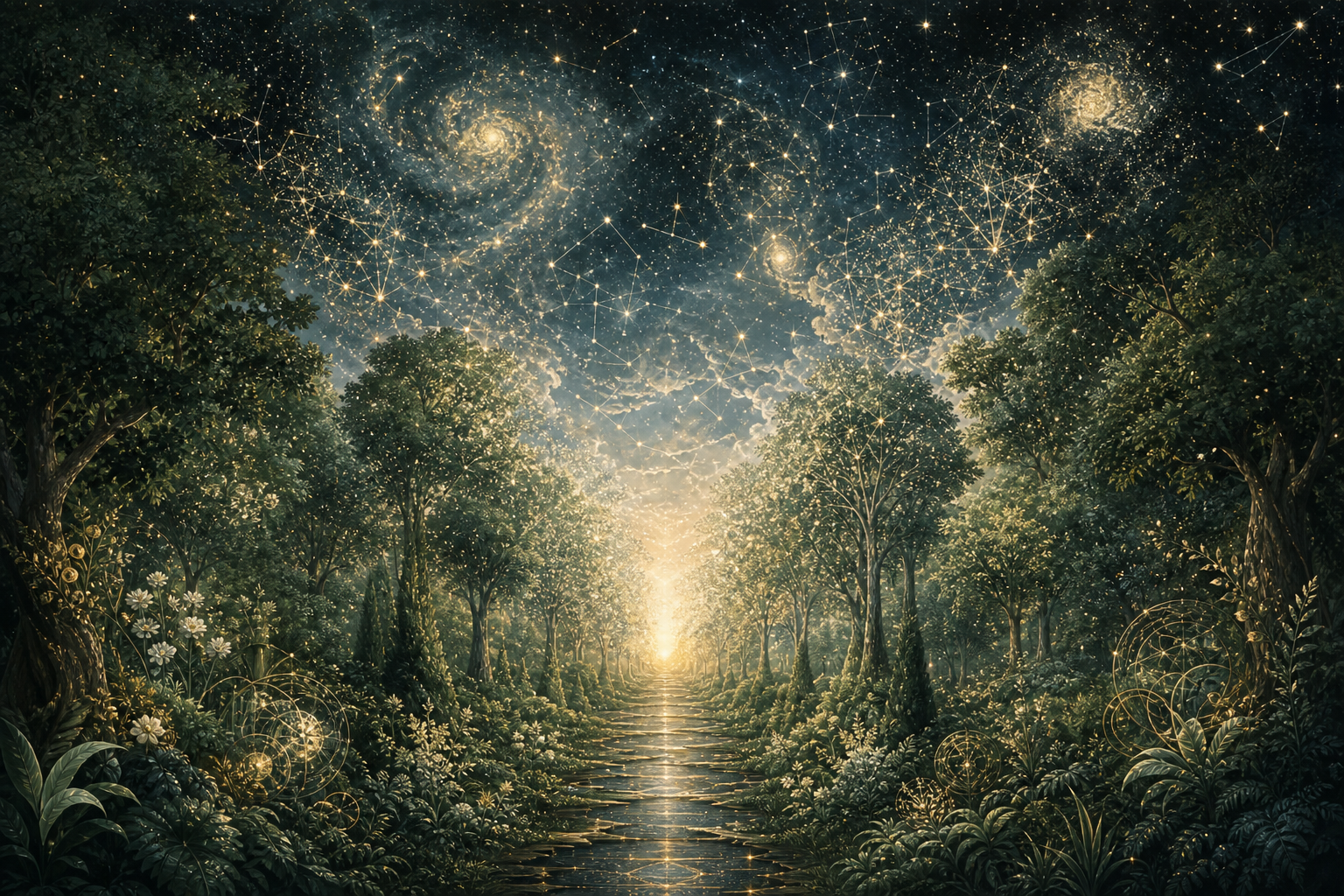 An endless forest fading into cosmic light at the horizon, trees becoming stars, with no final boundary in sight.