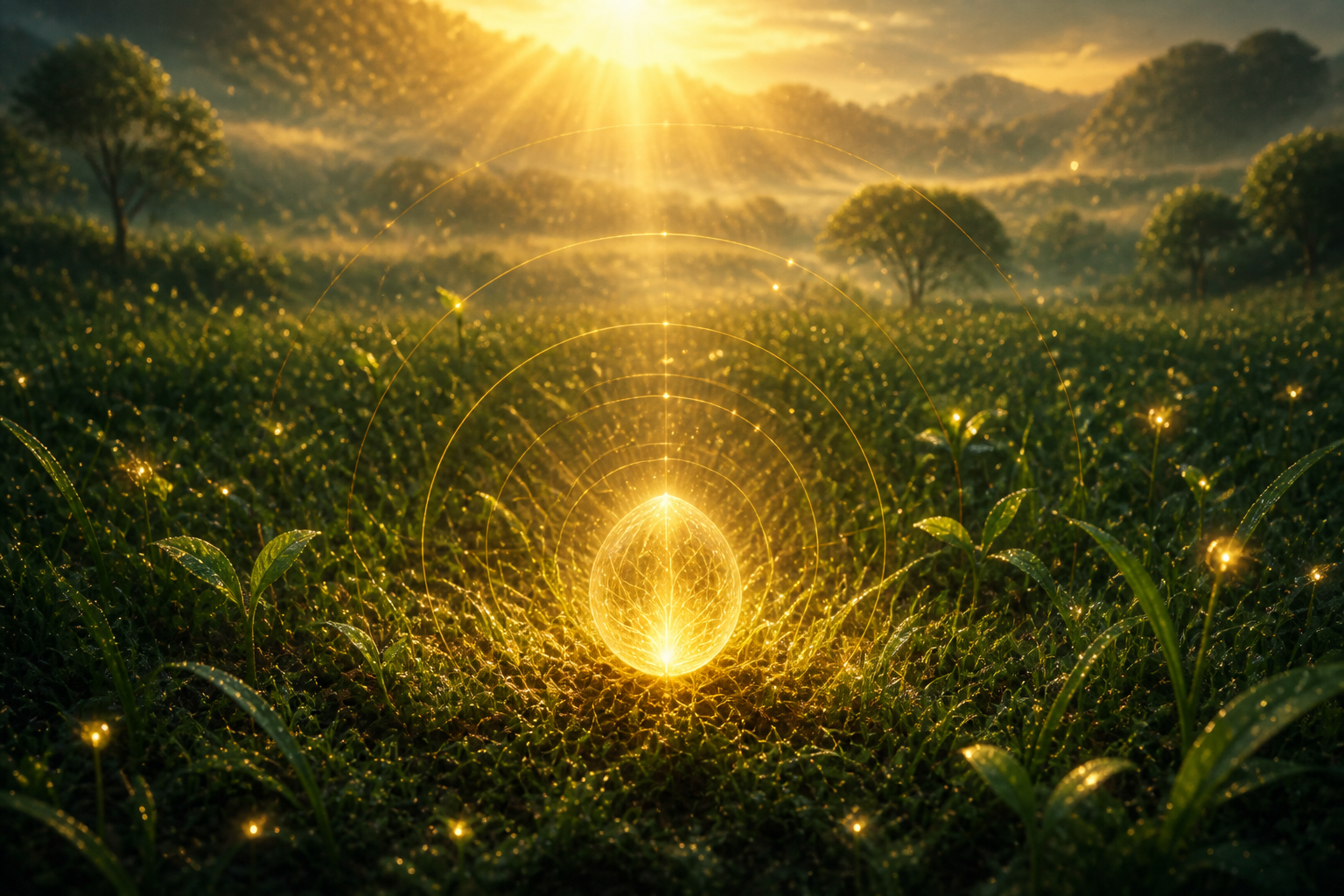 A single seed of light awakening in a vast, lush green field at dawn — the beginning of the Garden of Knowledge.