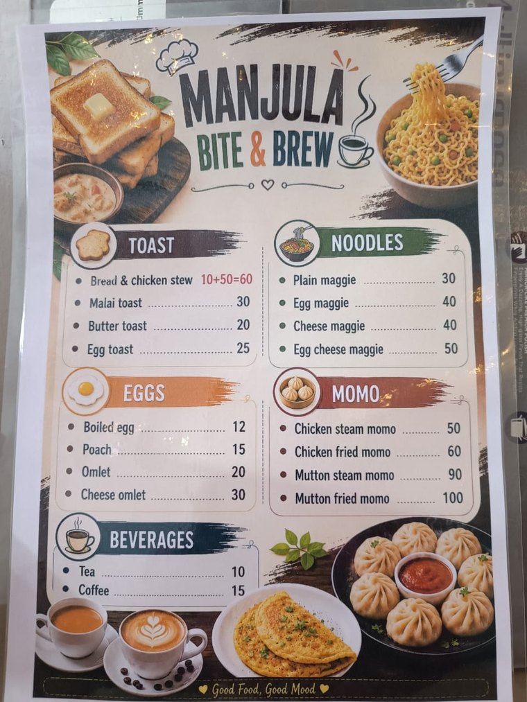 Manjula Bite & Brew English menu card